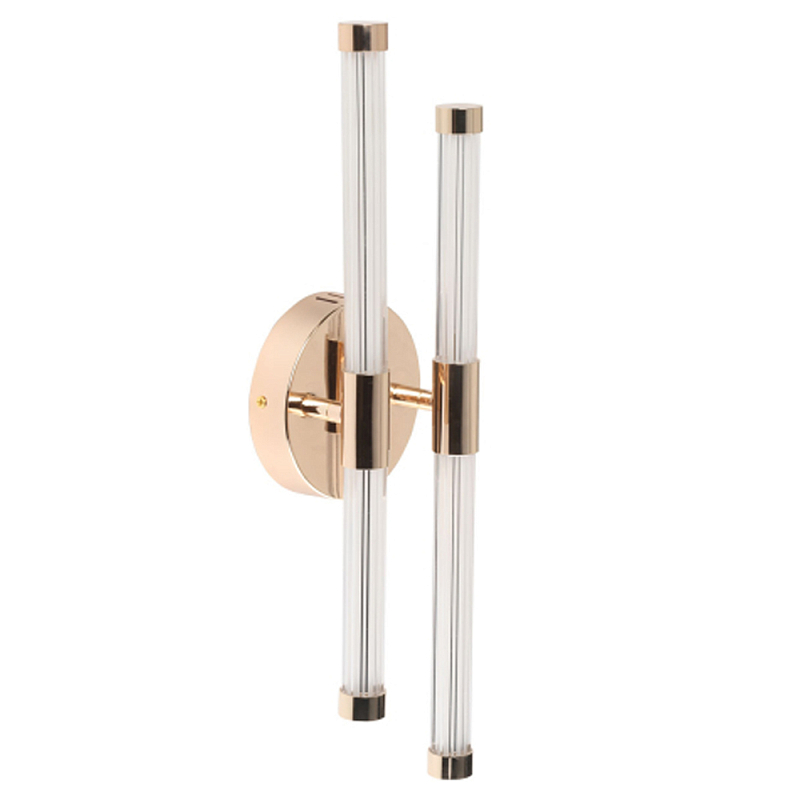 Бра с круглым основанием золотого цвета и двумя вертикальными плафонами Hex Scaffold Прозрачный Золотой в Перми | Loft Concept 