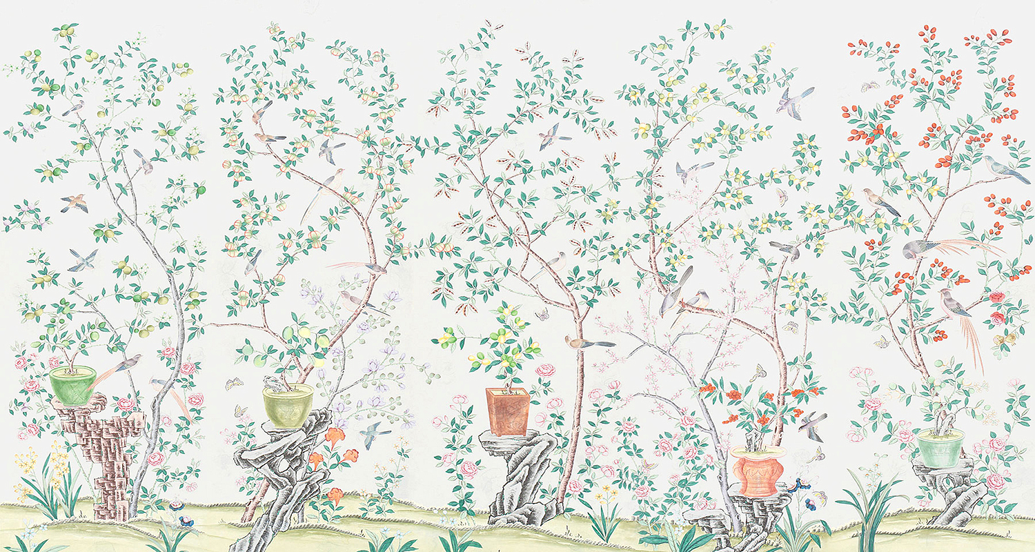 Обои ручная роспись Jardinieres & Citrus Trees Natural Mica Обои ручная роспись Jardinieres & Citrus Trees Natural Mica - Loft-Concept в Перми