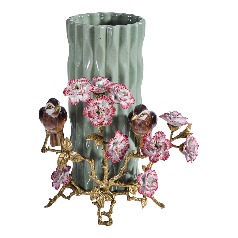 Ваза с птицами и цветами из фарфора с бронзовыми элементами Garden of Eden Бронза Мульти Зеленый в Перми | Loft Concept 