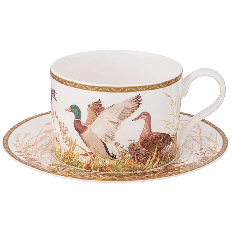 Чайная пара из фарфора с изображением собаки и уток 300 мл Hunting Porcelain Collection Белый Коричневый Мульти в Перми | Loft Concept 