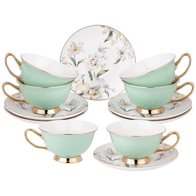 Чайный набор из фарфора на 6 персон Tea Porcelain Set Белый Золотой Зеленый в Перми | Loft Concept 