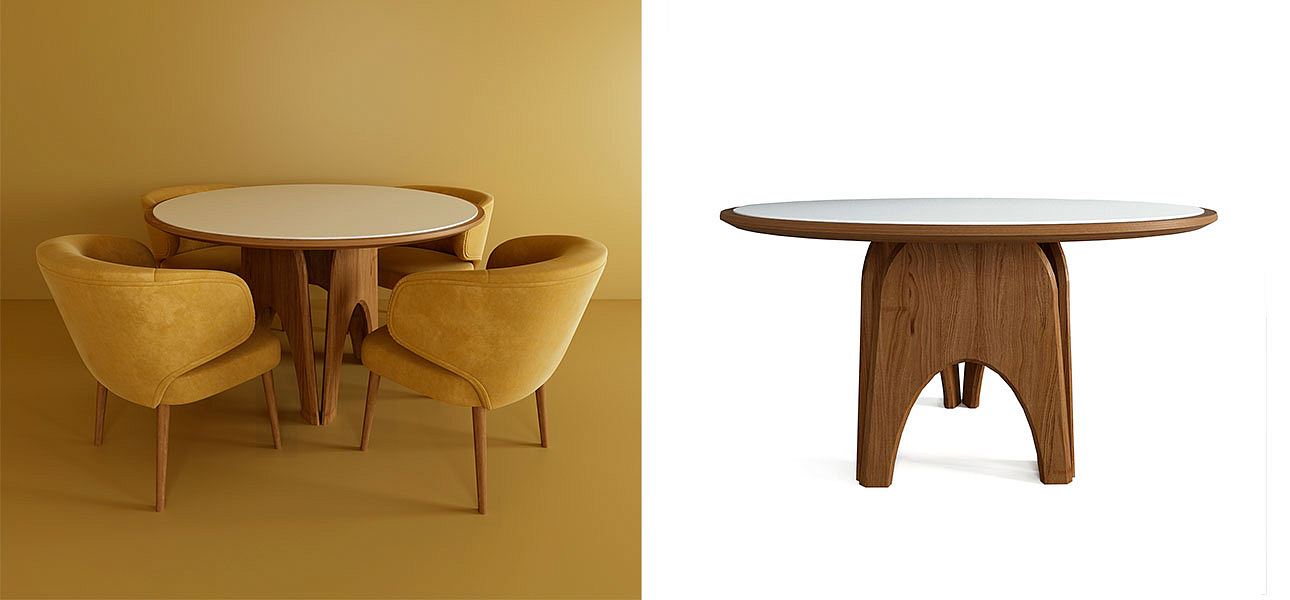 Обеденный круглый стол из дерева со столешницей из камня Pelican Dinner Table Обеденный круглый стол из дерева со столешницей из камня Pelican Dinner Table - Loft-Concept в Перми