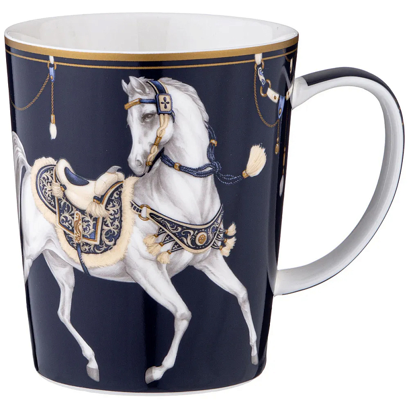 Кружка из фарфора синяя с изображением лошади 400 мл Porcelain Horse Set Белый Синий Золотой в Перми | Loft Concept 