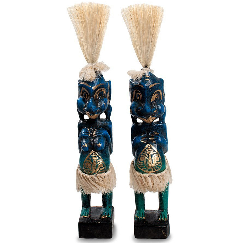 Комплект из 2-х деревянных статуэток Asmat Straw Headdress Statuettes Blue Tattoo Синий Бирюзовый Бежевый Золотой Мульти в Перми | Loft Concept 