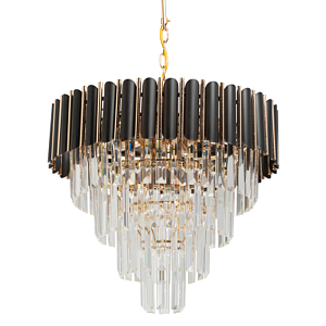Люстра из черного металла с многоярусными подвесками из прозрачного хрусталя на золотой цепи Empire Black Chandelier Crystal