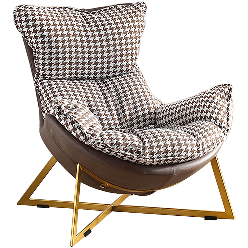 Кресло с принтом "гусиная лапка" PIED DE POULE Armchair Коричневый Белый Латунь в Перми | Loft Concept 