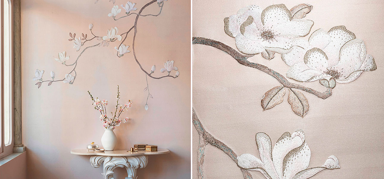 Обои Magnolia Canopy Original colourway on Rose Water metallic slub silk Обои Magnolia Canopy Original colourway on Rose Water metallic slub silk - Loft-Concept в Перми