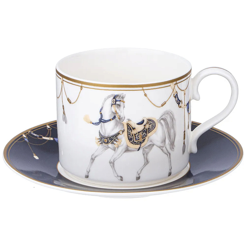 Чайная пара из фарфора с изображением лошади 300 мл Porcelain Horse Set 2 Белый Синий Золотой в Перми | Loft Concept 