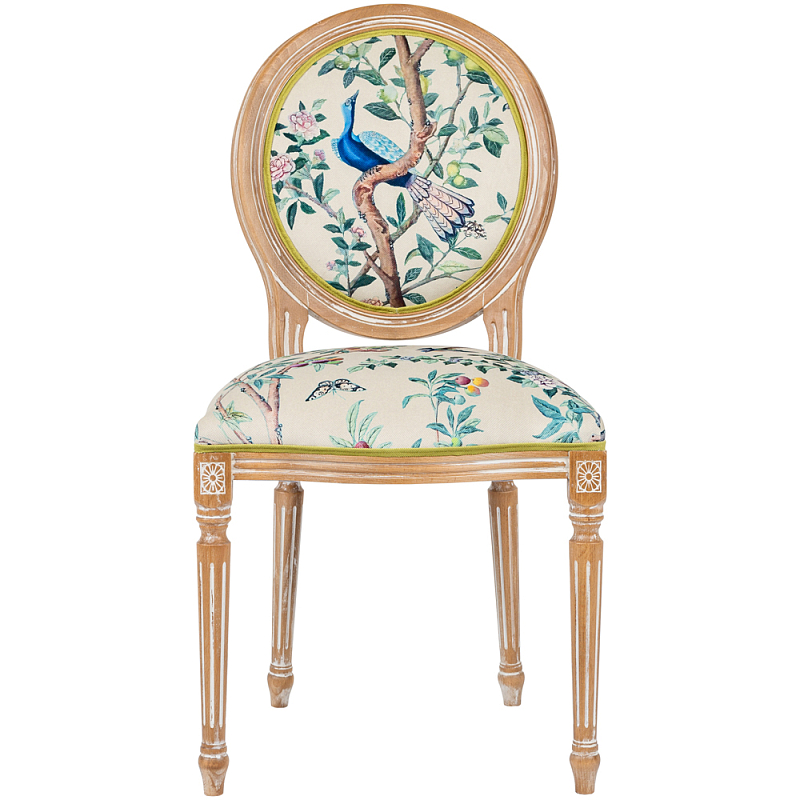 Стул из массива бука бежевый с изображением птиц в саду Beige Green Chinoiserie Blue Bird Chair Бежевый Мульти Салатовый в Перми | Loft Concept 