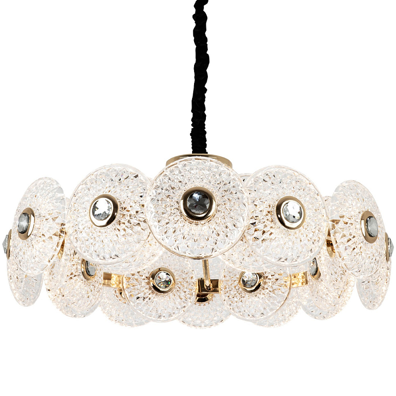 Люстра с декором из круглых рельефных пластин из хрусталя Decorative Glass Discs Chandelier 82 Золотой Прозрачное Стекло Люстра с декором из круглых рельефных пластин из хрусталя Decorative Glass Discs Chandelier 82 Золотой Прозрачное Стекло в Перми | Loft Concept