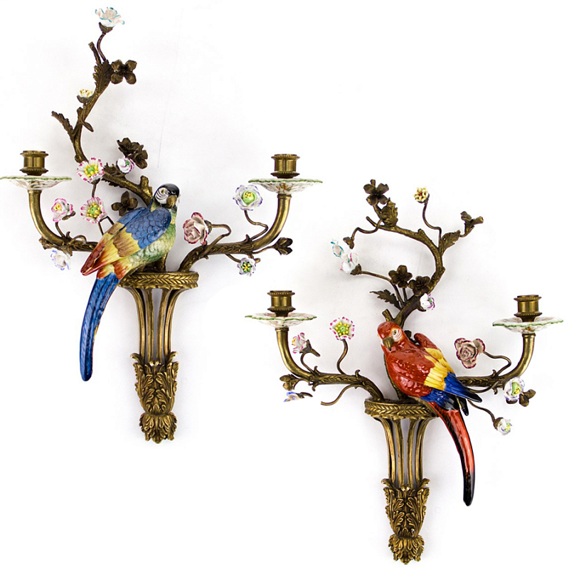 Подсвечник Candlestick Colored Parrots II Бронза Синий Красный в Перми | Loft Concept 