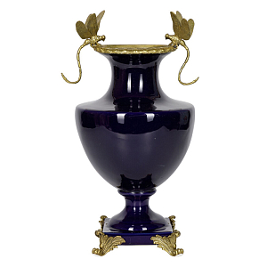 Ваза темно-синего цвета из фарфора с бронзовыми стрекозами Eden Garden porcelain and bronze