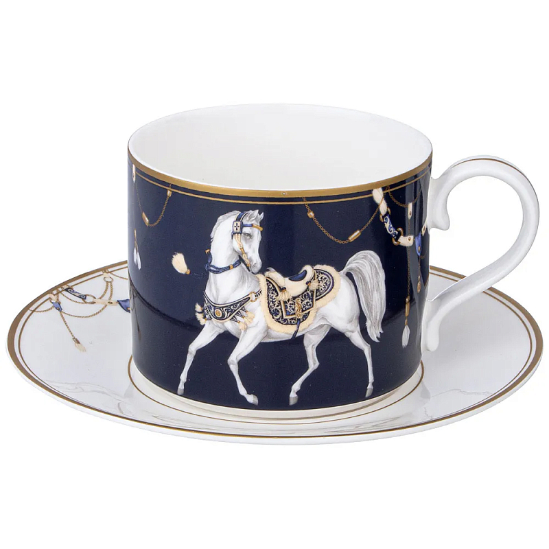 Чайная пара из фарфора с изображением лошади 300 мл Porcelain Horse Set  Белый Синий Золотой в Перми | Loft Concept 