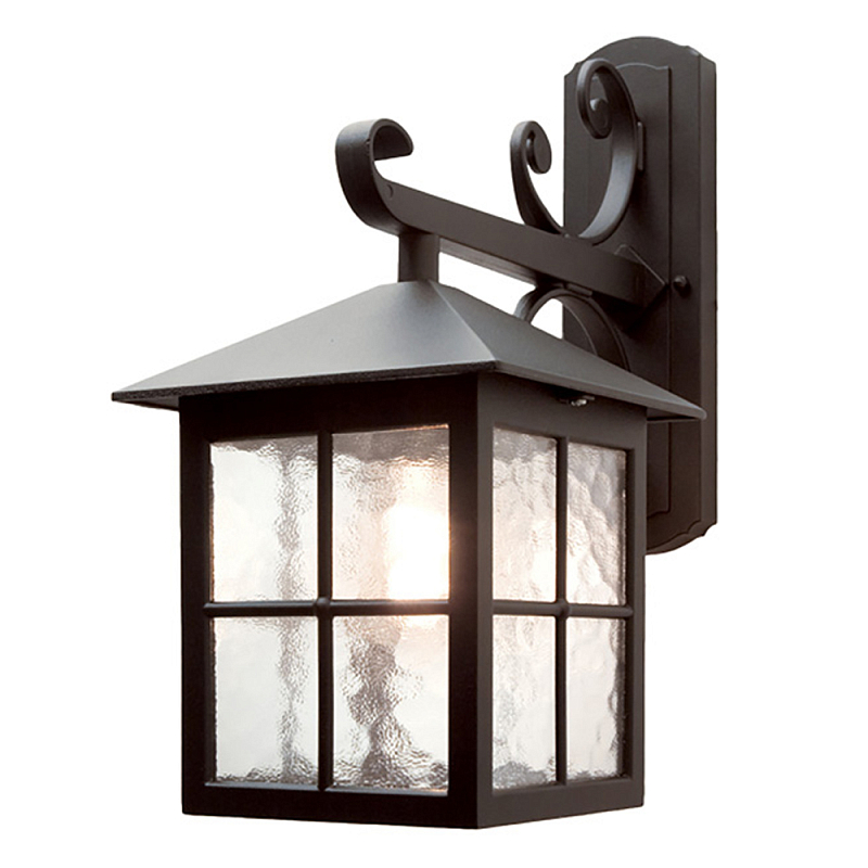 Настенный фонарь черного цвета в форме фонаря с решетчатым плафоном и фактурным стеклом Elstead Lighting Черный Прозрачное Стекло в Перми | Loft Concept 