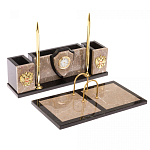 Настольный письменный набор из бежевого мрамора с часами и гербом Marble Accessory варинант исполнения - 2 | Loft Concept в Перми