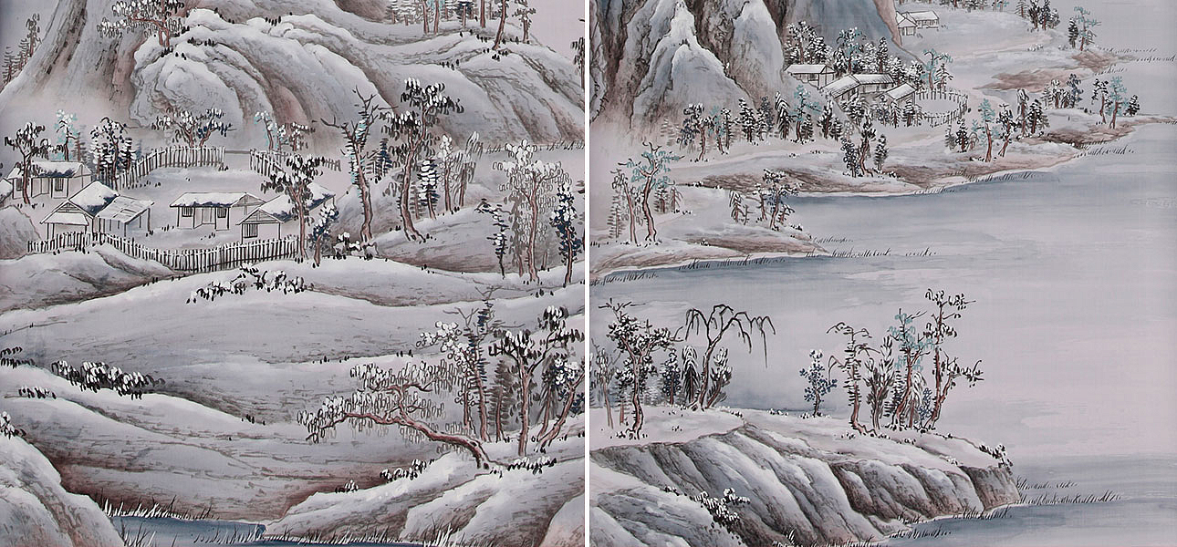 Обои ручная роспись A Thousand Li of Rivers and Mountains Special Colourway on Lilac Hint dyed silk Обои ручная роспись A Thousand Li of Rivers and Mountains Special Colourway on Lilac Hint dyed silk - Loft-Concept в Перми