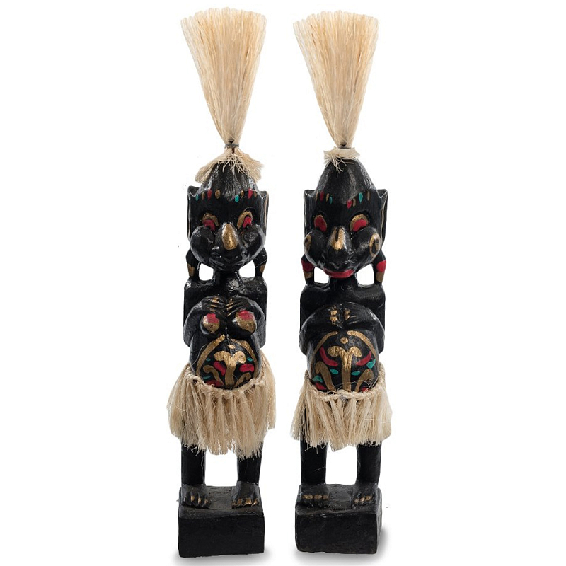 Комплект из 2-х деревянных статуэток Asmat Straw Headdress Statuettes Multicolor Мульти Черный Синий Красный в Перми | Loft Concept 