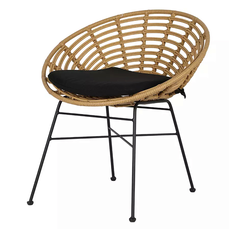 Стул круглый с ротанговым плетением Round Wicker Stool Черный Бежевый в Перми | Loft Concept 