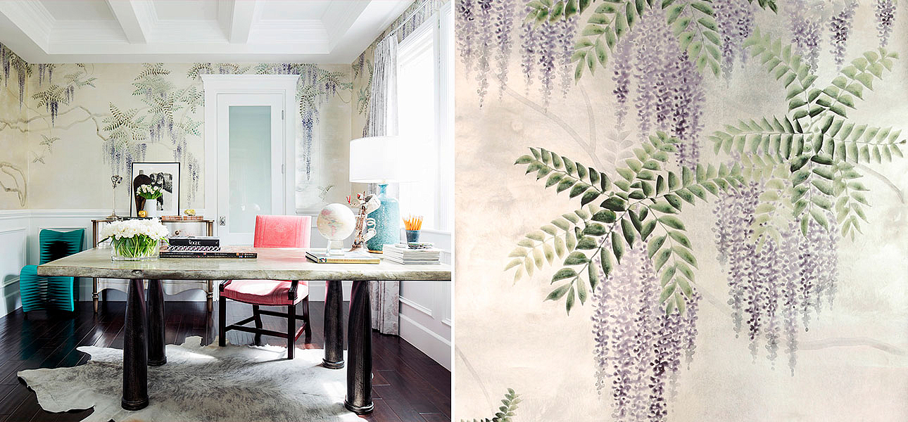 Обои в японском стиле Wisteria Lavender on White Metal gilded paper with pearlescent antiquing Обои в японском стиле Wisteria Lavender on White Metal gilded paper with pearlescent antiquing - Loft-Concept в Перми