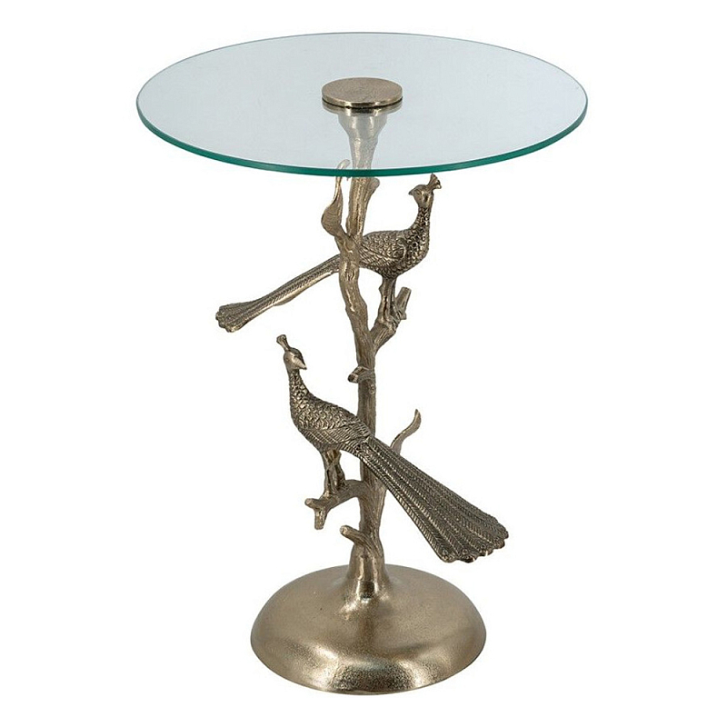 Столик с круглой стеклянной столешницей и корпусом в виде двух павлинов на ветке Table Two Peacocks Золотой Прозрачный в Перми | Loft Concept 
