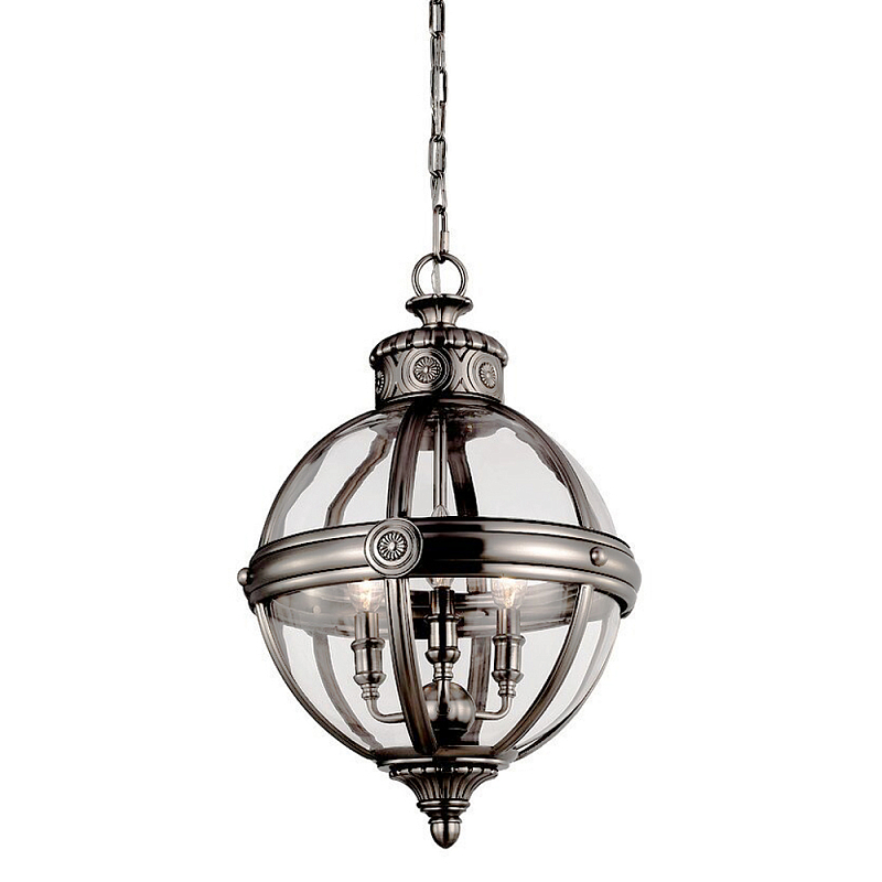 Подвесной светильник с прозрачным стеклянным плафоном в форме шара цвета никеля в индустриальном стиле на цепи 3 лампы Feiss Никель Прозрачное Стекло в Перми | Loft Concept 