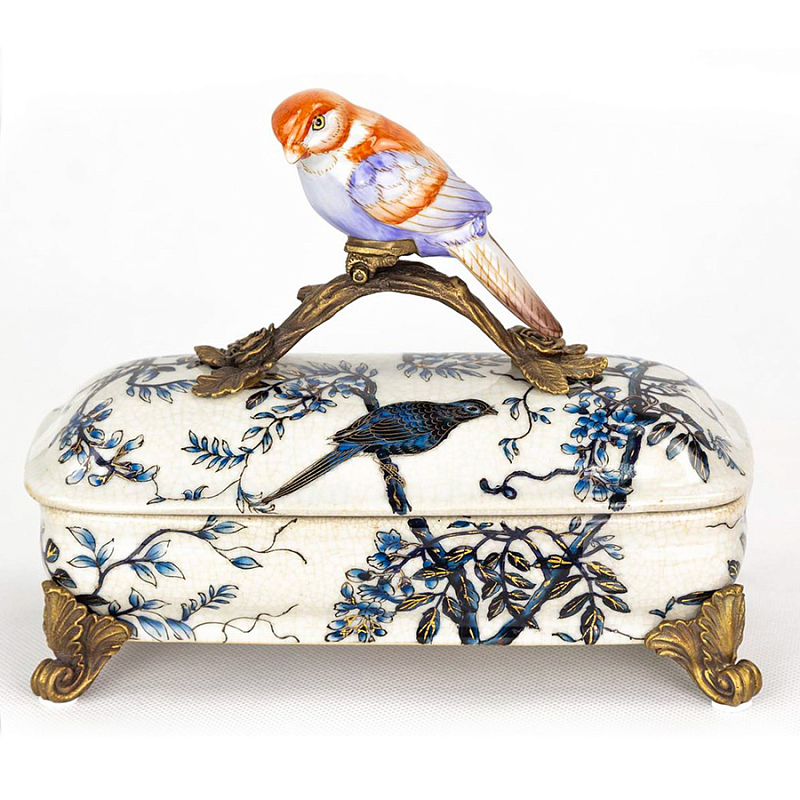Шкатулка Box Blue Ornament with Bird Белый Бронза Синий Шкатулка Box Blue Ornament with Bird Белый Бронза Синий в Перми | Loft Concept