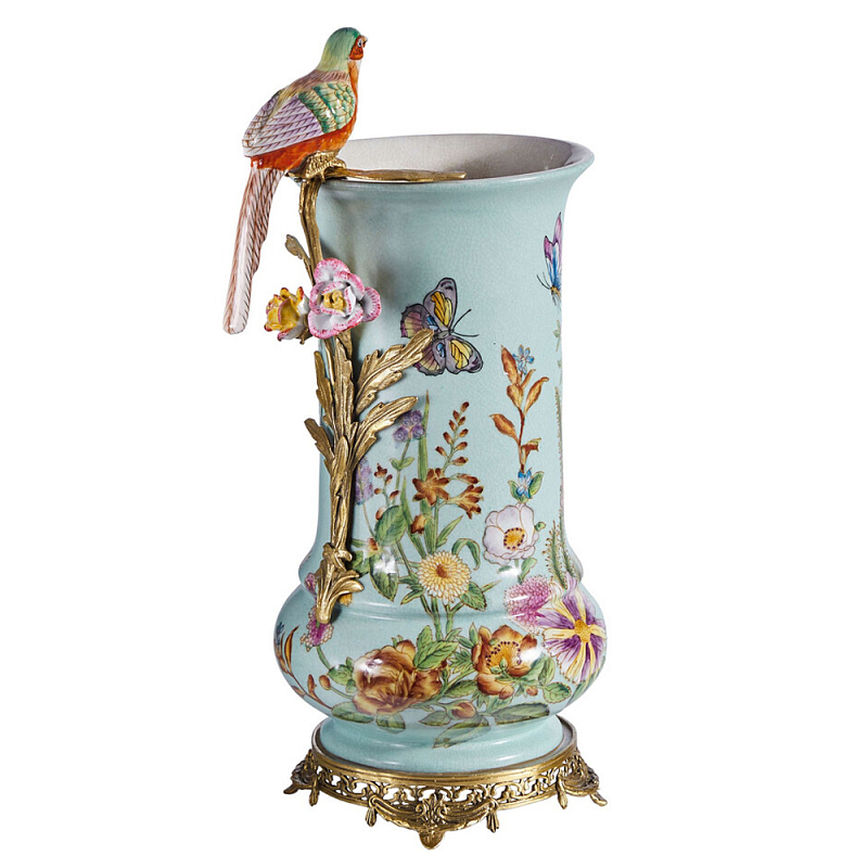 Ваза с птичкой из фарфора с бронзовыми элементами Garden of Eden Бронза Мульти Зеленый в Перми | Loft Concept 