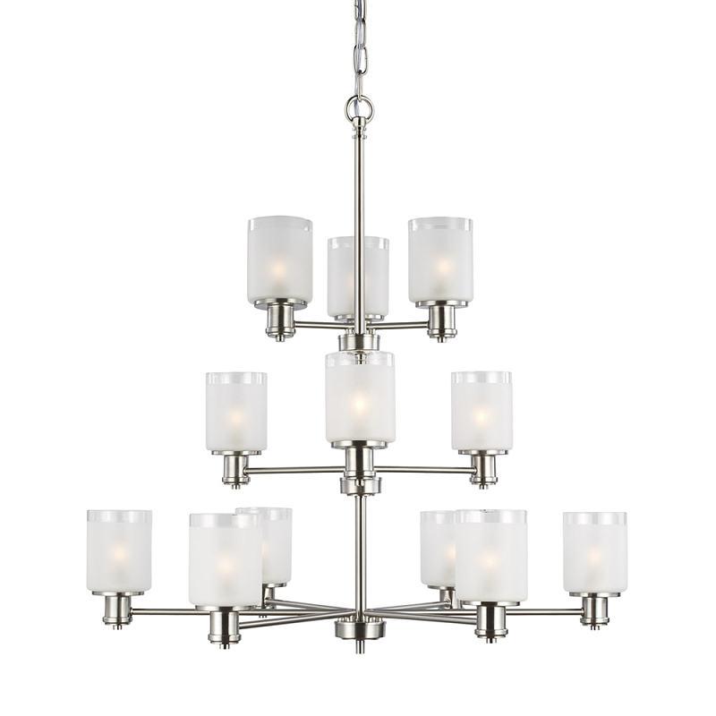 Люстра двухъярусная цвета никель с 12-ю матовыми цилиндрическими стеклянными плафонами Generation Lighting Никель Белый Бежевый в Перми | Loft Concept 