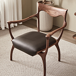 Стул деревянный с мягким сиденьем из коричневой натуральной кожи Moon Walnut Furniture варинант исполнения - 5 | Loft Concept в Перми