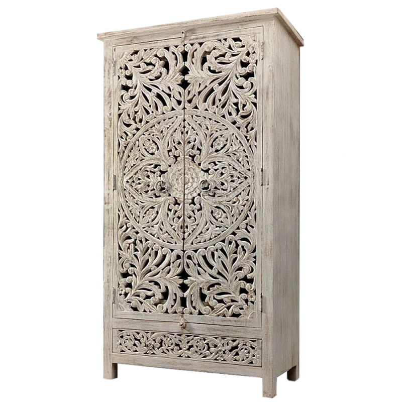 Шкаф с орнаментом ручная резьба из дерева Indian Antique Furniture Серый Шкаф с орнаментом ручная резьба из дерева Indian Antique Furniture Серый в Перми | Loft Concept