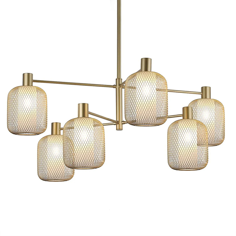 Люстра потолочная с абажурами из металлической сетки Loft Grid Pendant Gold Черный Золотой в Перми | Loft Concept 