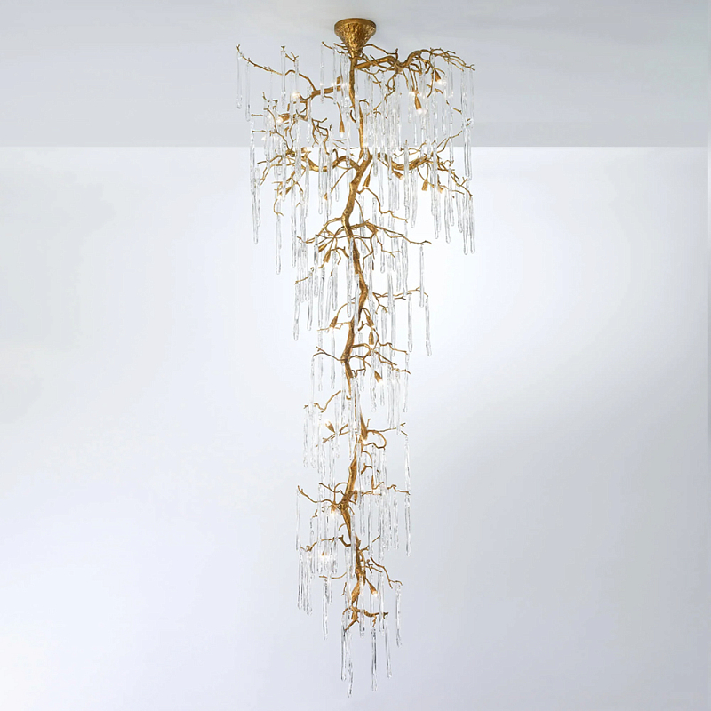Люстра большая каскадная с прозрачными подвесками в форме капель Droplet Chandelier Золотой Прозрачный Люстра большая каскадная с прозрачными подвесками в форме капель Droplet Chandelier Золотой Прозрачный в Перми | Loft Concept