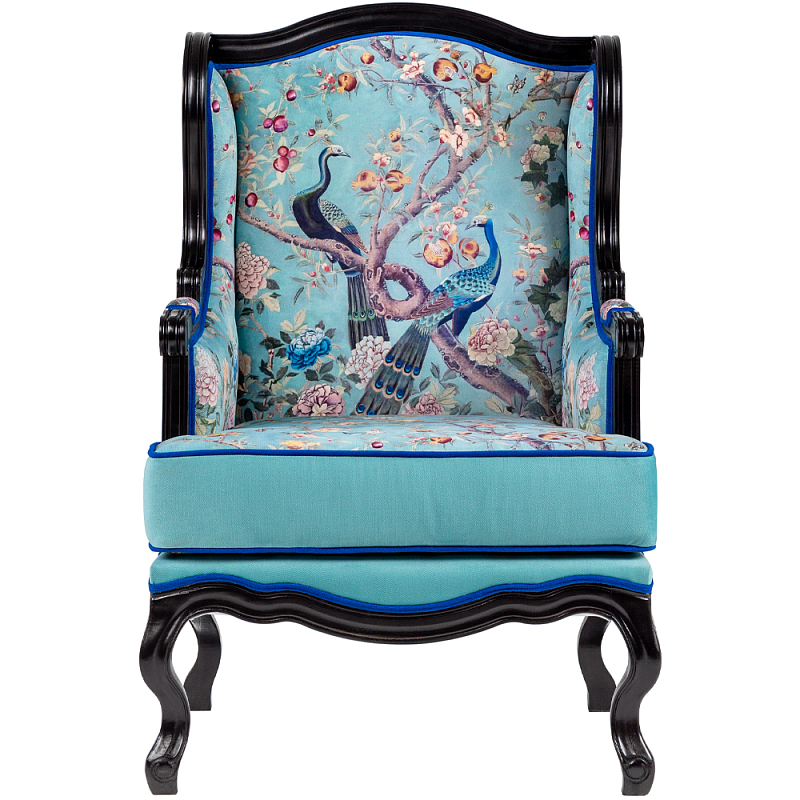 Кресло из натурального бука бирюзовое с изображением птиц и цветов Turquoise Chinoiserie Garden Armchair Мульти Бирюзовый Черный Кресло из натурального бука бирюзовое с изображением птиц и цветов Turquoise Chinoiserie Garden Armchair Мульти Бирюзовый Черный в Перми | Loft Concept