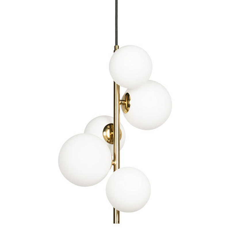 Подвесной светильник с 5-ю белыми шарообразными плафонами Bubble Chandelier Белый Золотой Подвесной светильник с 5-ю белыми шарообразными плафонами Bubble Chandelier Белый Золотой в Перми | Loft Concept
