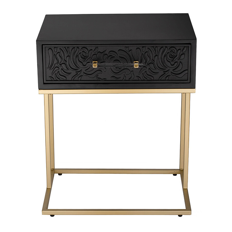 Приставной столик с резным узором на выдвижном ящике Black Table Carved Pattern Черный Золотой в Перми | Loft Concept 
