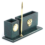 Настольный письменный набор с гербом России и часами из природного камня змеевик Successful Leader варинант исполнения - 2 | Loft Concept в Перми