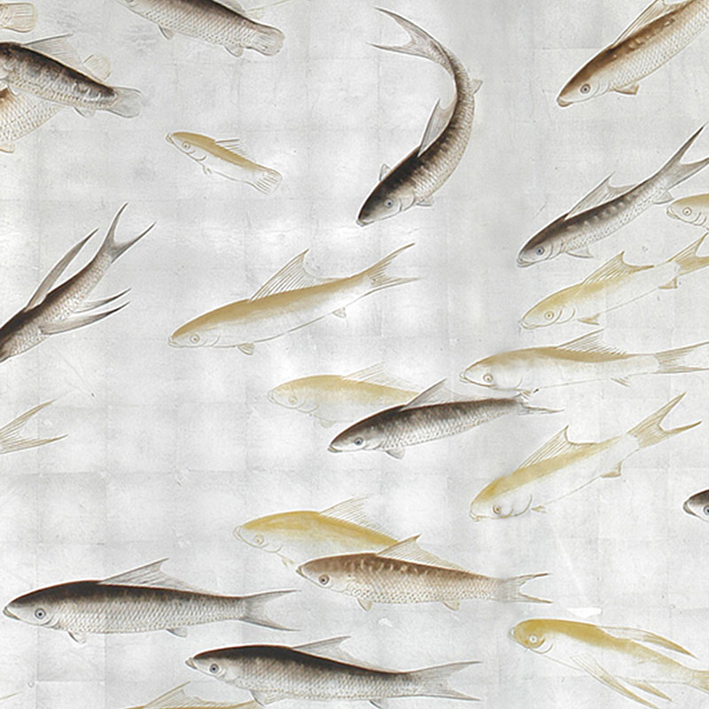 Обои ручная роспись Fishes Amber on Real Silver gilded silk  в Перми | Loft Concept 