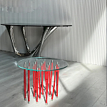 Дизайнерский журнальный стол с круглой прозрачной столешницей и основанием в виде красных металлических тросов Wires варинант исполнения - 2 | Loft Concept в Перми