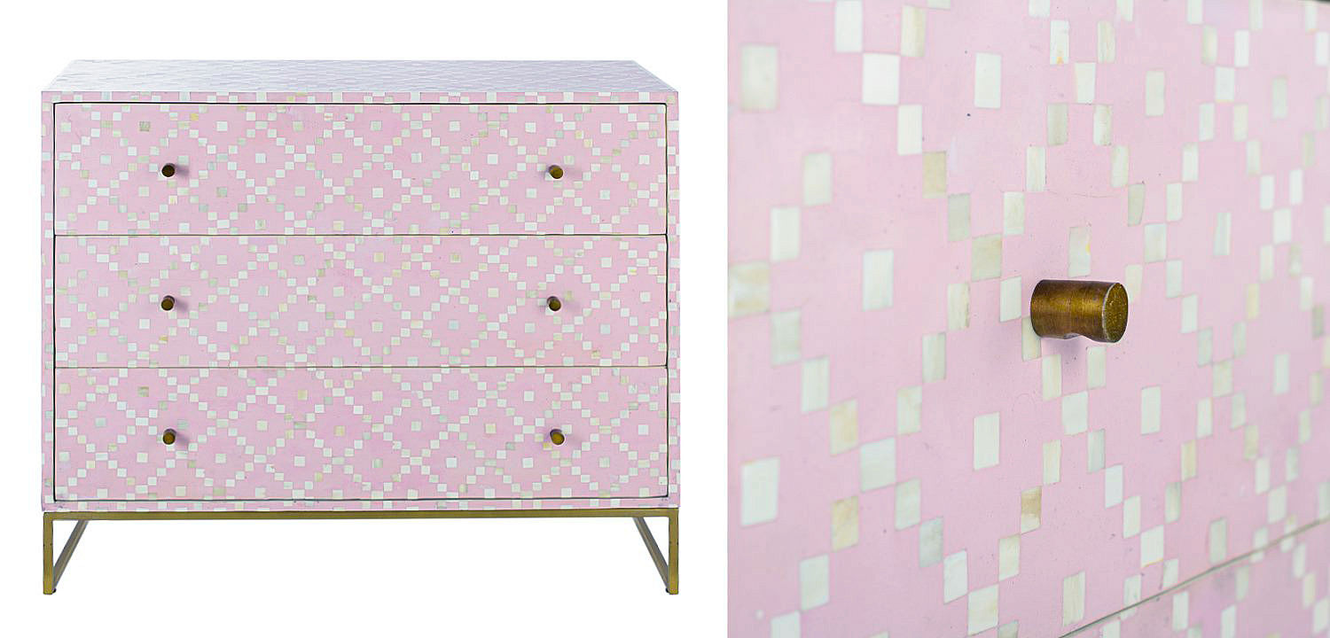 Комод инкрустация костью Pink Indian Bone Inlay 3 drawer Розовый Комод инкрустация костью Pink Indian Bone Inlay 3 drawer Розовый - Loft-Concept в Перми