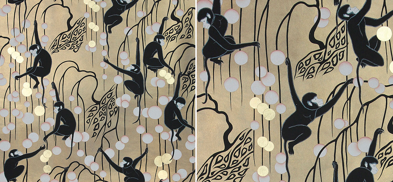 Обои ручная роспись Deco Monkeys Special Colourway on Brushed Gold gilded paper Обои ручная роспись Deco Monkeys Special Colourway on Brushed Gold gilded paper - Loft-Concept в Перми