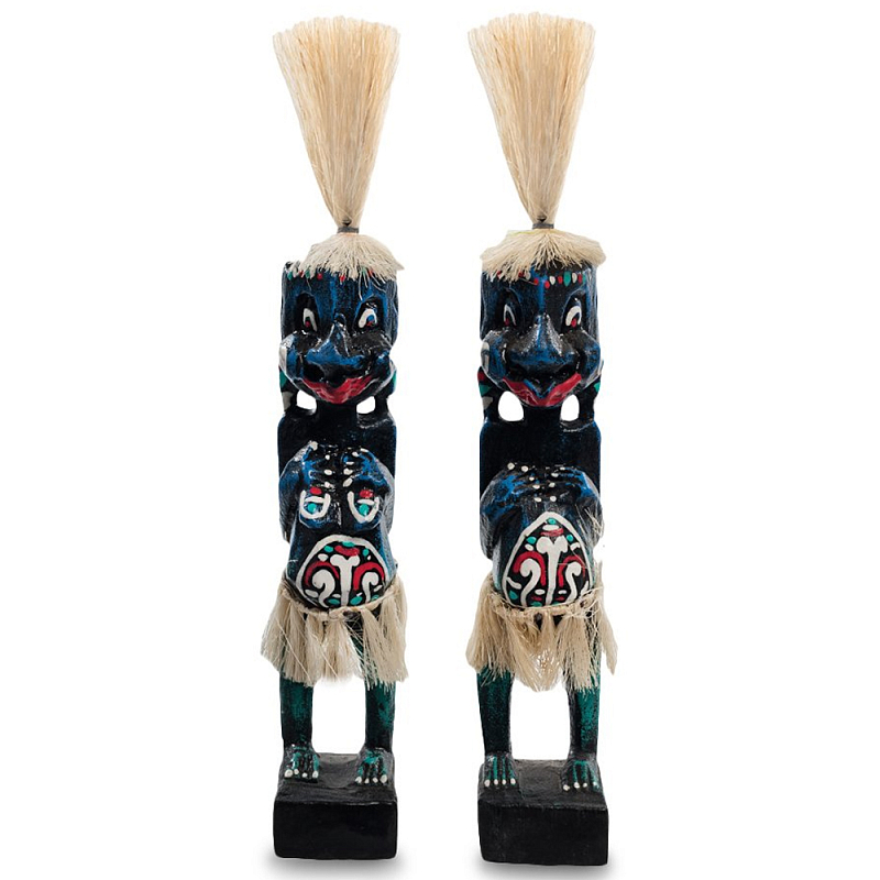 Комплект из 2-х деревянных статуэток Asmat Straw Headdress Statuettes Blue Red Черный Синий Красный Бежевый Мульти в Перми | Loft Concept 