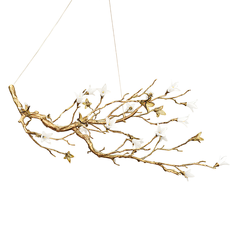 Люстра в виде золотой ветки с цветами Glass Flower Pendant Light Латунь Люстра в виде золотой ветки с цветами Glass Flower Pendant Light Латунь в Перми | Loft Concept