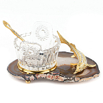 Икорница с ложкой с декором "Кадушка" с гравировкой на подставке из натурального камня Агат Decorative Cavair Dishes варинант исполнения - 1 | Loft Concept в Перми