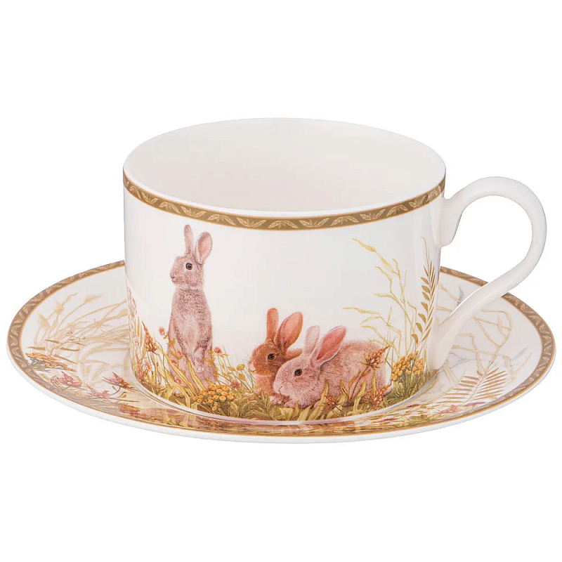 Чайная пара из фарфора с изображением собаки и зайцев 300 мл Hunting Porcelain Collection 2 Белый Коричневый Мульти в Перми | Loft Concept 