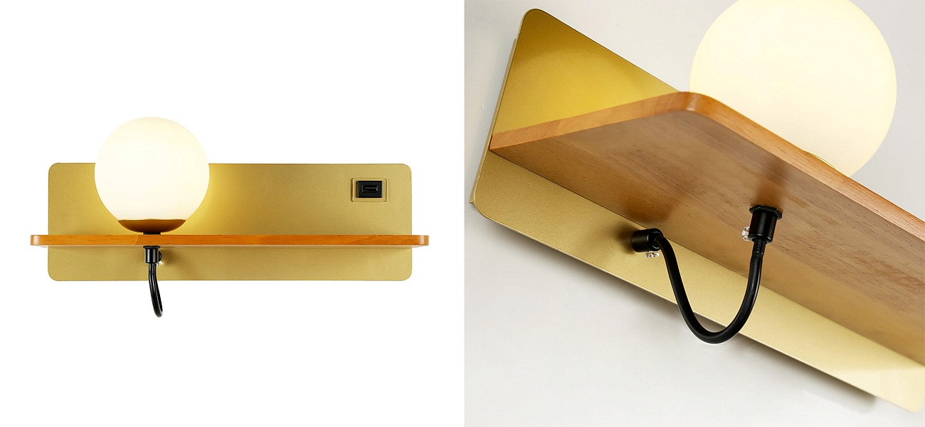 Бра с полкой Gold GAVIN WOOD USB Бра с полкой Gold GAVIN WOOD USB - Loft-Concept в Перми