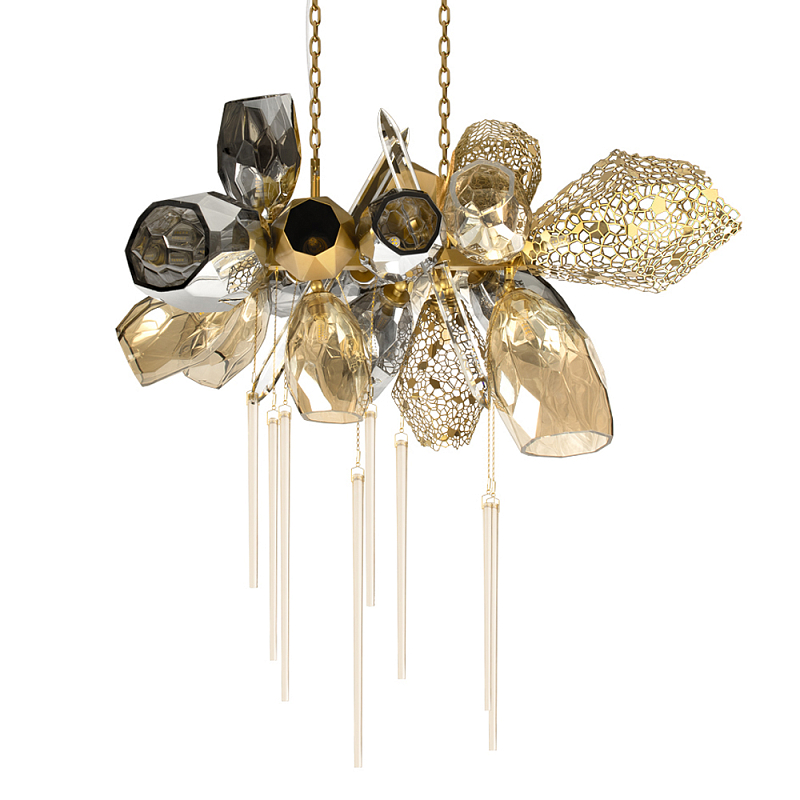 Люстра подвесная с 18-ю стеклянными плафонами с вертикальными подвесками Gilded Mirage  Дымчатый (Smoke) Золотой Прозрачный в Перми | Loft Concept 