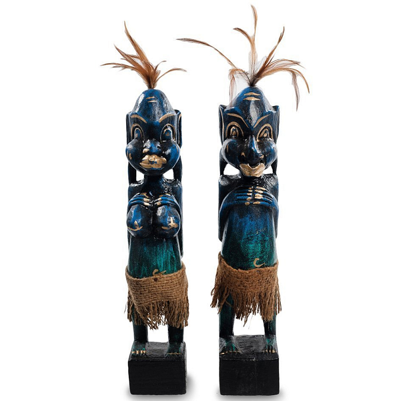 Комплект из 2-х деревянных статуэток Asmat Statuettes Dark Blue Темно-синий Бирюзовый Коричневый Черный в Перми | Loft Concept 