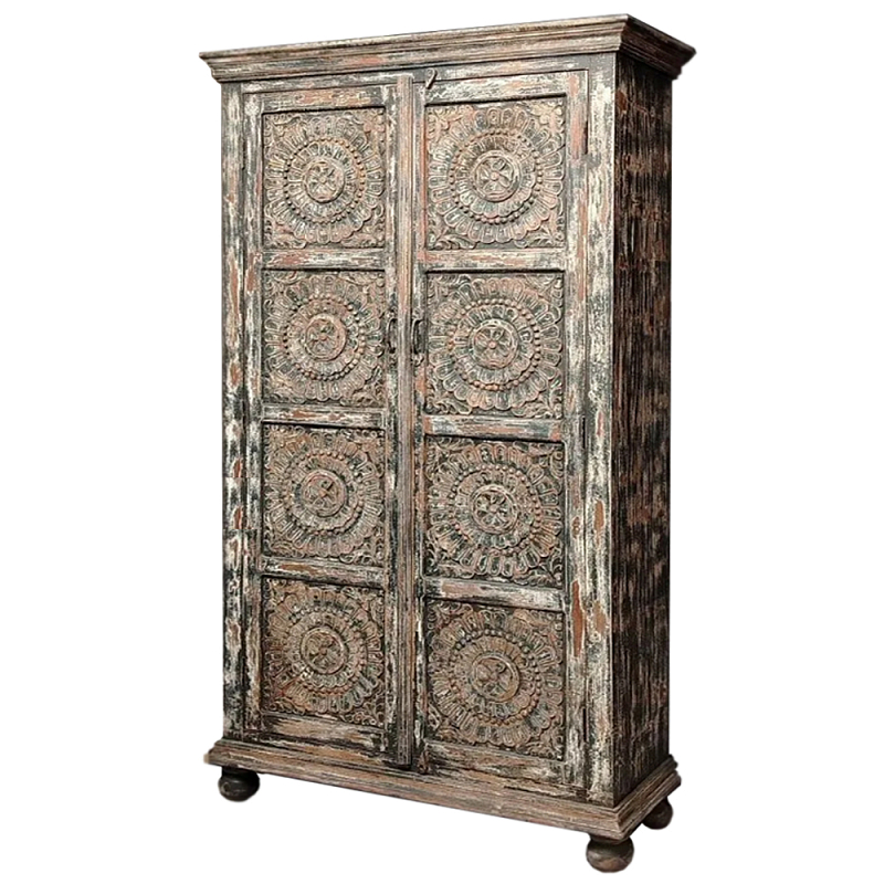 Индийский шкаф с орнаментом резьба из дерева Indian Antique Furniture  Серый в Перми | Loft Concept 