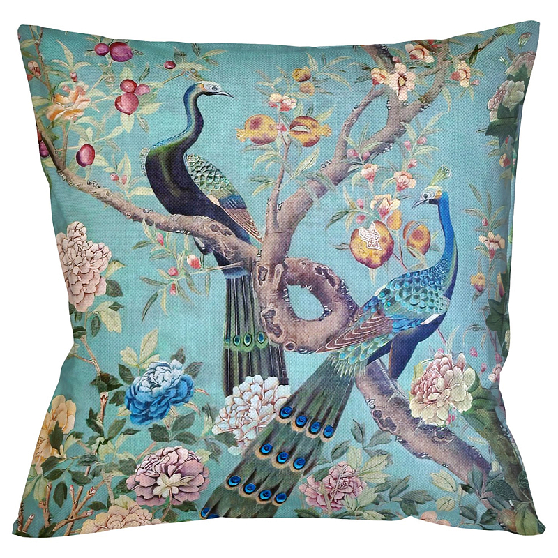 Подушка декоративная с изображением птиц в саду Chinoiserie Garden Two Peacocks Cushion Бирюзовый Мульти Подушка декоративная с изображением птиц в саду Chinoiserie Garden Two Peacocks Cushion Бирюзовый Мульти в Перми | Loft Concept