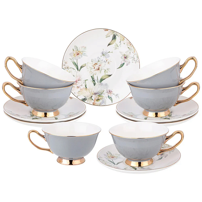 Чайный набор из фарфора на 6 персон Grey Tea Porcelain Set Белый Золотой Серый в Перми | Loft Concept 